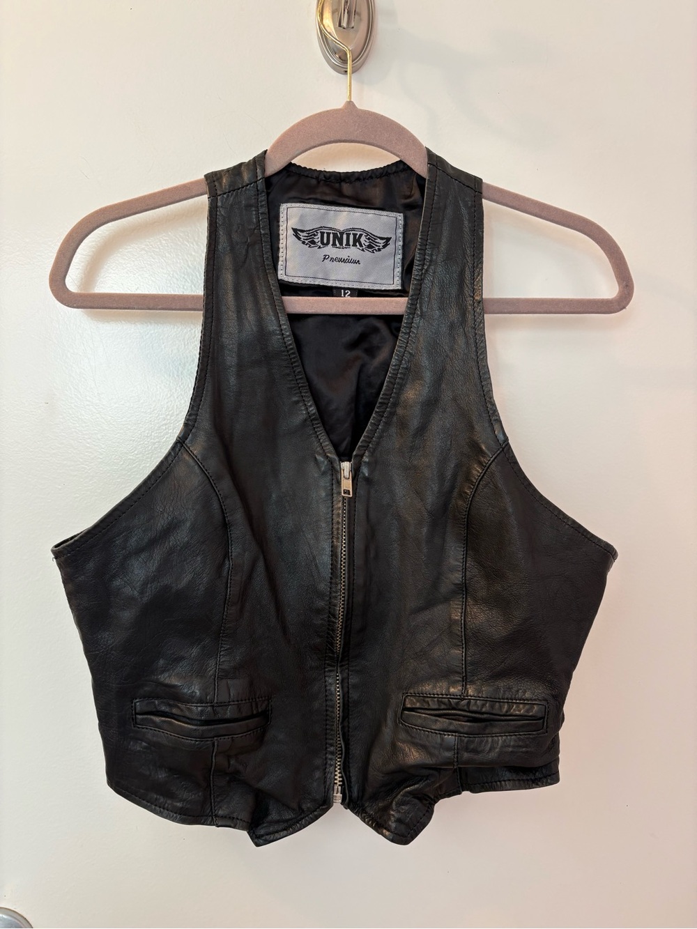 UNIK Black Leather Zip Front Vest Size 12/Genuine Leather EUC